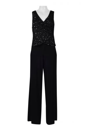 Adrianna Papell V-Neck Sleeveless Zipper Back Embellished Bodice Solid Jersey Jumpsuit