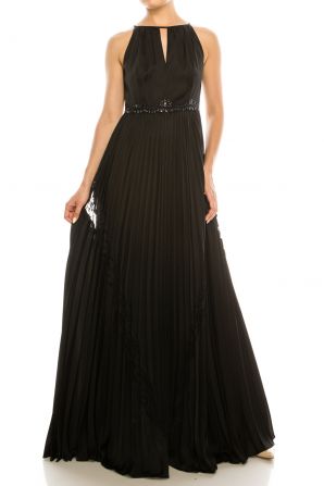 Adrianna Papell Halter Neck Pleated Keyhole Front Embellished Waist Accordion Pleat Satin Chiffon Lace Dress