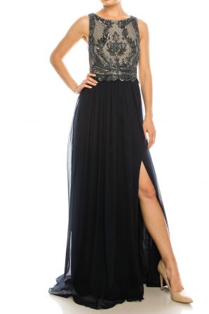 Adrianna Papell Midnight Silver Sleeveless Two Tone Embellished Bateau A-Line Long Evening Dress