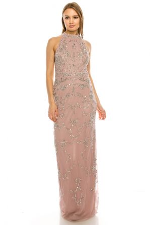 Adrianna Papell Dusty Petal Filigree Beaded Halter Long Evening Dress