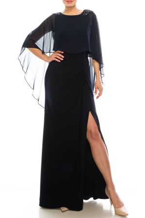 Adrianna Papell Midnight Long Sheath Cape Gown with Ruching