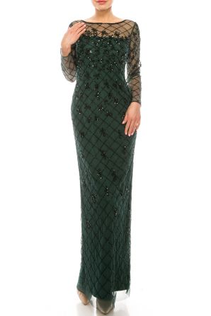 Adrinna Papell Dusty Emerald Long Sleeve Beaded Column Gown