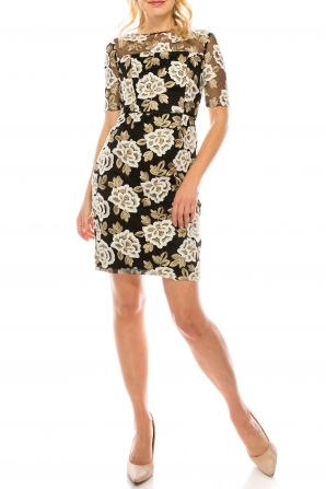 Adrianna Papell Day Ivory Gold Floral Embroidered Mesh Dress