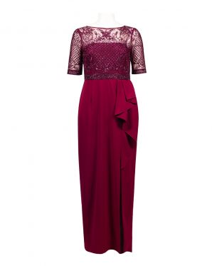 Adrianna Papell Crepe Mesh Beaded Evening Gown (Petite)