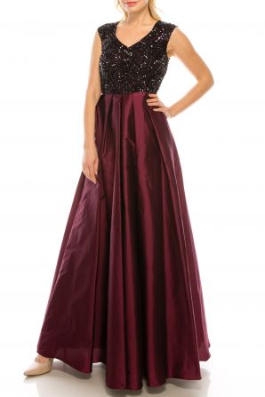 Aidan Mattox V-Neck Sleeveless Sequined Bodice Pleated Mesh Dress