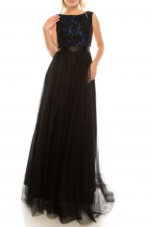 Aidan Mattox Boat Neck Cap Sleeve V-Back Floral Lace Bodice Zipper Back Mesh Dress