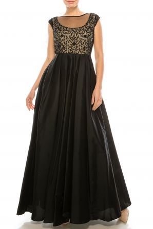 Aidan Mattox Boat Neck Cap Sleeve Keyhole Back Embellished Bodice Mesh & Taffeta Dress