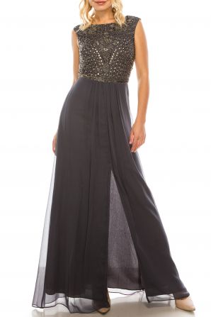 Aidan Mattox Gunmetal Beaded Long A-line Eveniing Dress