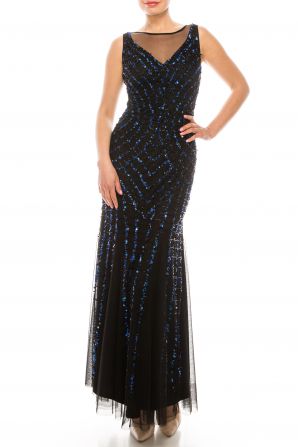 Aidan Mattox V-Neck Keyhole Back Sleeveless Embellished Bead and Sequin Mesh Dress