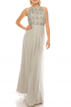 Aidan Mattox Halter Neck Zipper Back Sequined Bodice Mesh & Chiffon Dress