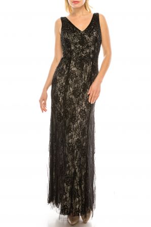 Aidan Mattox V-Neck Sleeveless Keyhole Back Embellished Mesh & Lace Dress