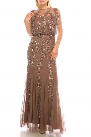 Aidan Mattox Boat Neck Cape Sleeve Keyhole Back Embellished Mesh Dress
