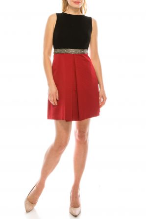 Aidan Mattox Crew Neck Sleeveless Keyhole Back Embellished Waist Twill & Jersey Dress