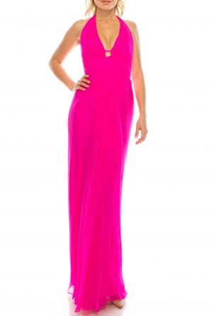 Aidan Mattox Plunge Neck Ruched Crossed Front Open Back Soilid Silk Dress