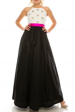 Aidan Mattox Halter Embellished Rihinestone Banded Waist Zipper Back Jersey & Taffeta Dress