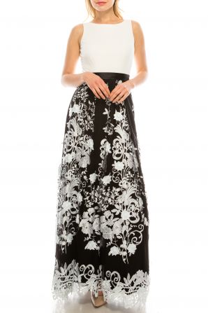 Aidan Mattox Boat Neck Sleeveless Banded Waist Solid Bodice Embroidered Mesh Dress
