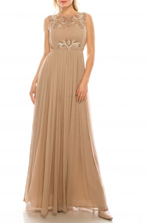 Aidan Mattox Boat Neck Sleeveless Zipper Back Ruched Embellished Chiffon Dress