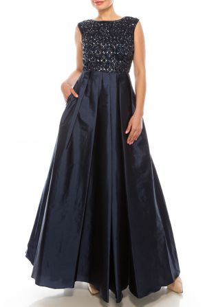 Aidan Mattox Boat Neck Cap Sleeve Zipper Back Embellished Mesh Top Pleated Taffeta Dress