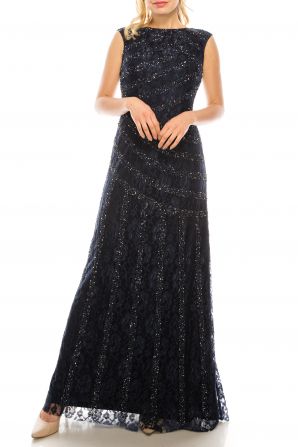 Aidan Mattox Boat Neck Cap Sleeve Zipper Back Embellished Lace Dress