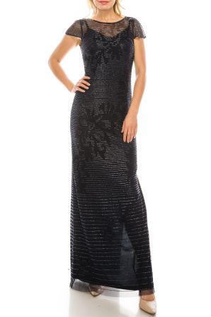 Aidan Mattox Crew Neck Cap Sleeve Keyhole Back Illusion Beaded Mesh Dress