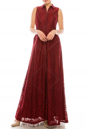 Aidan Mattox Collared Sleeveles Piping Detail Floral Lace Dress