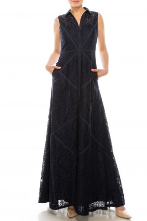 Aidan Mattox Collared Sleeveles Piping Detail Floral Lace Dress