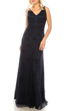 Aidan Mattox V-Neck Sleeveless Zipper Back Embellished Mesh Dress
