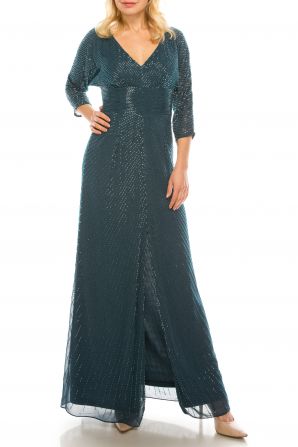 Aidan by Aidan Mattox Beaded V-Neck Dolman Sleeve Keyhole Back Slit Front Chiffon Dress