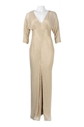 Aidan by Aidan Mattox Beaded V-Neck Dolman Sleeve Keyhole Back Slit Front Chiffon Dress