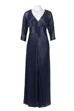 Aidan by Aidan Mattox Beaded V-Neck Dolman Sleeve Keyhole Back Slit Front Chiffon Dress