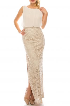 Aidan Mattox Champagne Blouson Chiffon & Embroidered Lace Evening Dress