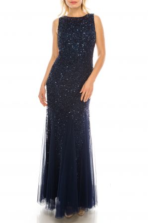 Aidan Mattox Crew Neck Sleeveless Keyhole Back Embellished Flutter Hem Mesh Dress