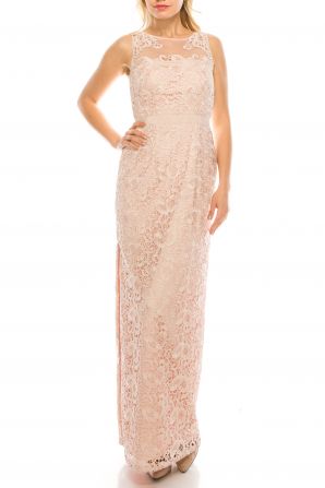 Aidan Mattox Boat Neck Sleeveless Illusion Banded Waist Keyhole Back Lace Dress