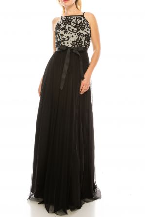 Aidan Mattox Spaghetti Racerback Keyhole Back Embellished Embroidered Bodice Chiffon Dress
