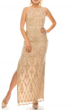 Aidan Mattox Halter Neck String Back Embellished Embroidered Lace Dress