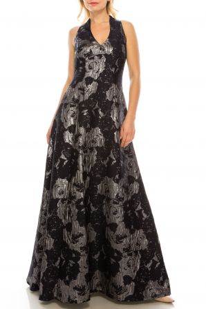 Aidan Mattox Halter Neck Keyhole Back Zipper Back Metallic Jacquard Dress
