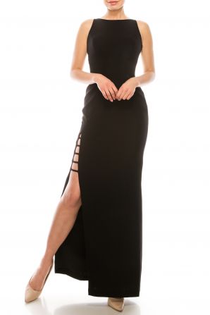 Aidan Mattox Boat Neck Sleeveless String Back Slit Side Solid Crepe Dress