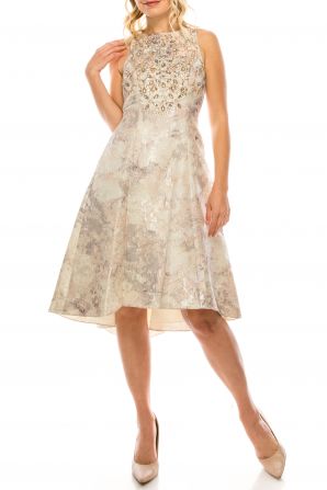 Aidan Mattox Crew Neck Sleeveless Zipper Back Embellished Bodice High Low Hem Jacquard Dress
