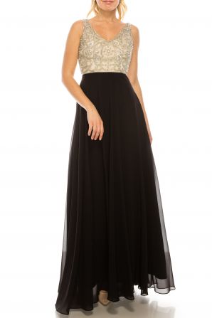 Aidan Mattox Scalloped V-Neck Sleeveless Zipper Back Embellished Mesh Bodice Chiffon Dress