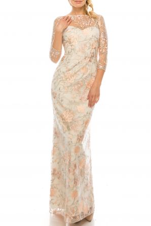Aidan Mattox Boat Neck Long Sleeve Zipper Back Embellished Embroidered Floral Mesh Dress