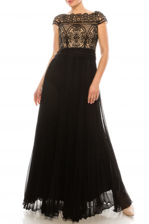 Aidan Mattox Boat Neck Cap Sleeve Illusion Zipper Back Embellished Crochet Chiffon Accordion Pleat Dress