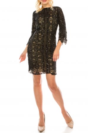 Aidan Mattox Crew Neck Long Sleeve Zipper Back Lace Dress