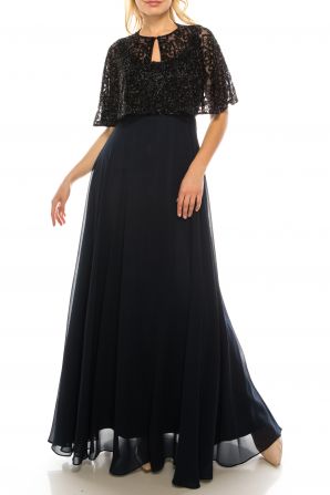 Aidan Mattox Twilight Black Beaded Long Circle Evening Cape Dress