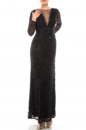 Aidan Mattox Illusion Crew Neck Cutout Back Beaded Mesh Dress