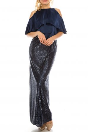 Aidan Mattox Crew Neck Cutout Shoulder Keyhole Back Cape Sleeve Embellished Satin Mesh Dress