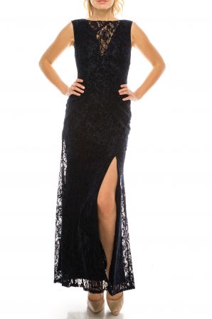 Aidan Mattox Boat Neck Sleeveless Zipper Back Slit Side Piping Detail Floral Lace Dress