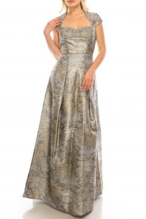 Aidan Mattox Silver Beaded Brocade Long Evening Gown