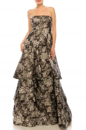 Aidan Mattox Strapless Tiered Flared Floral Gown