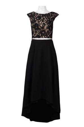 Aidan by Aidan Mattox Scoop Neck Cap Sleeve Cutout Back Floral Lace Bodice High Low Crepe Dress