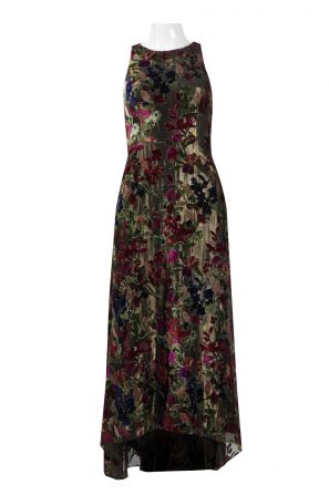 Aidan by Aidan Mattox Crew Neck Racerback Zipper Back HIgh Low Hem Multi Print Lurex Velvet